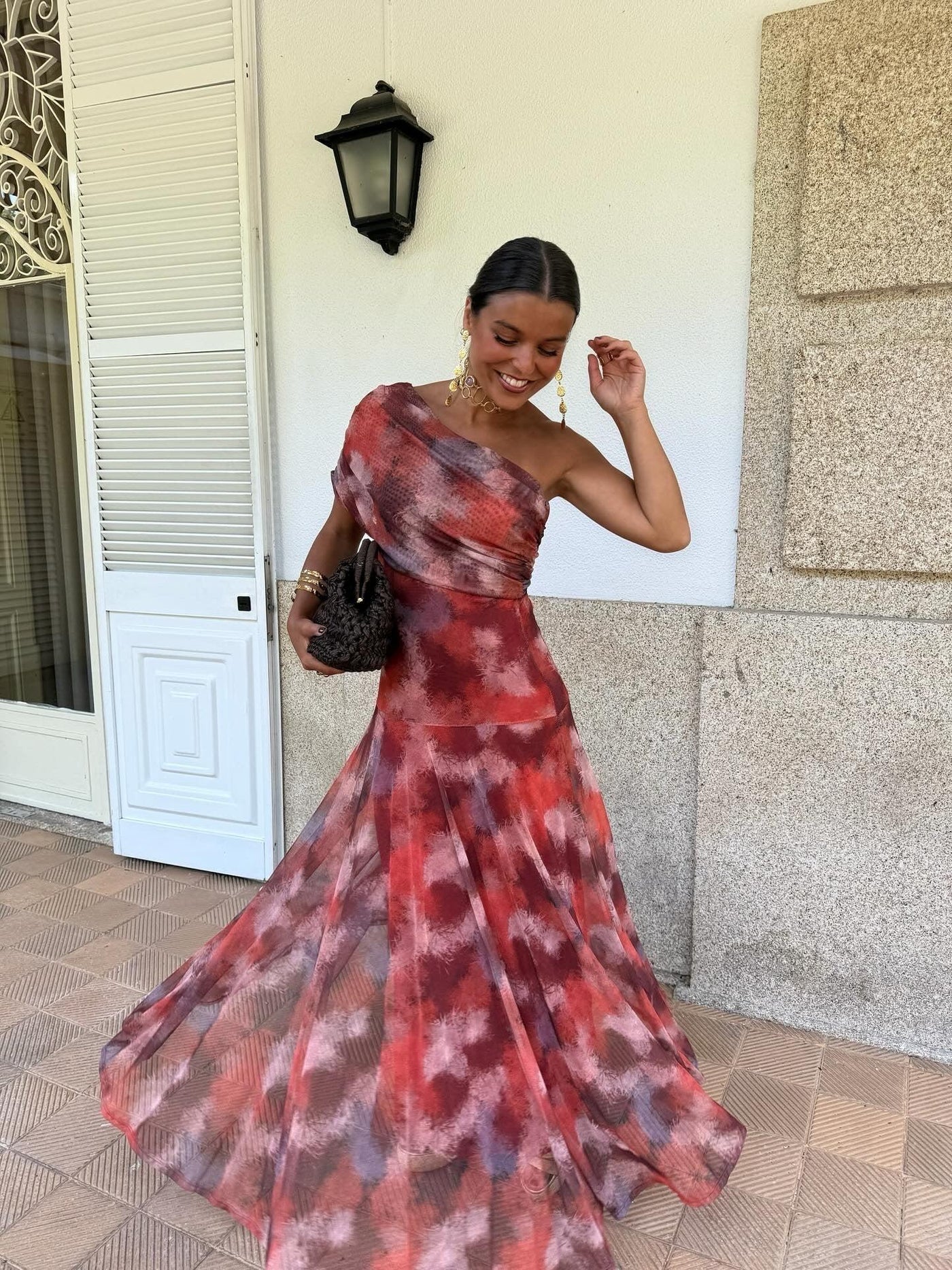 Red One-Shoulder Tie Dye Maxi Dress – Flowing Summer Elegance