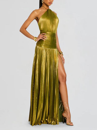 Sparkling Emerald Green Peridot Maxi Dress with Elegant Metallic Sheen