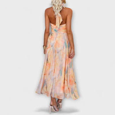 Elegant Halter Neck Aquarell Print Maxi Dress: Flowing, Stylish, Comfortable