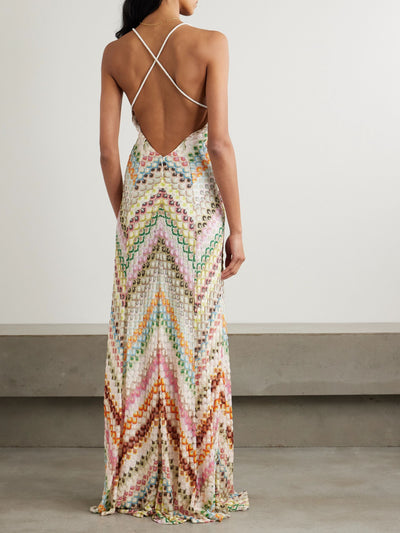Knit Colorful Herringbone Print Open Back Maxi Dress