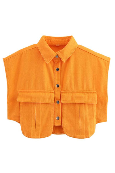 Stylish Weekend Denim Button-Up Cape Sleeve Pocket Crop Top with Frayed Hem