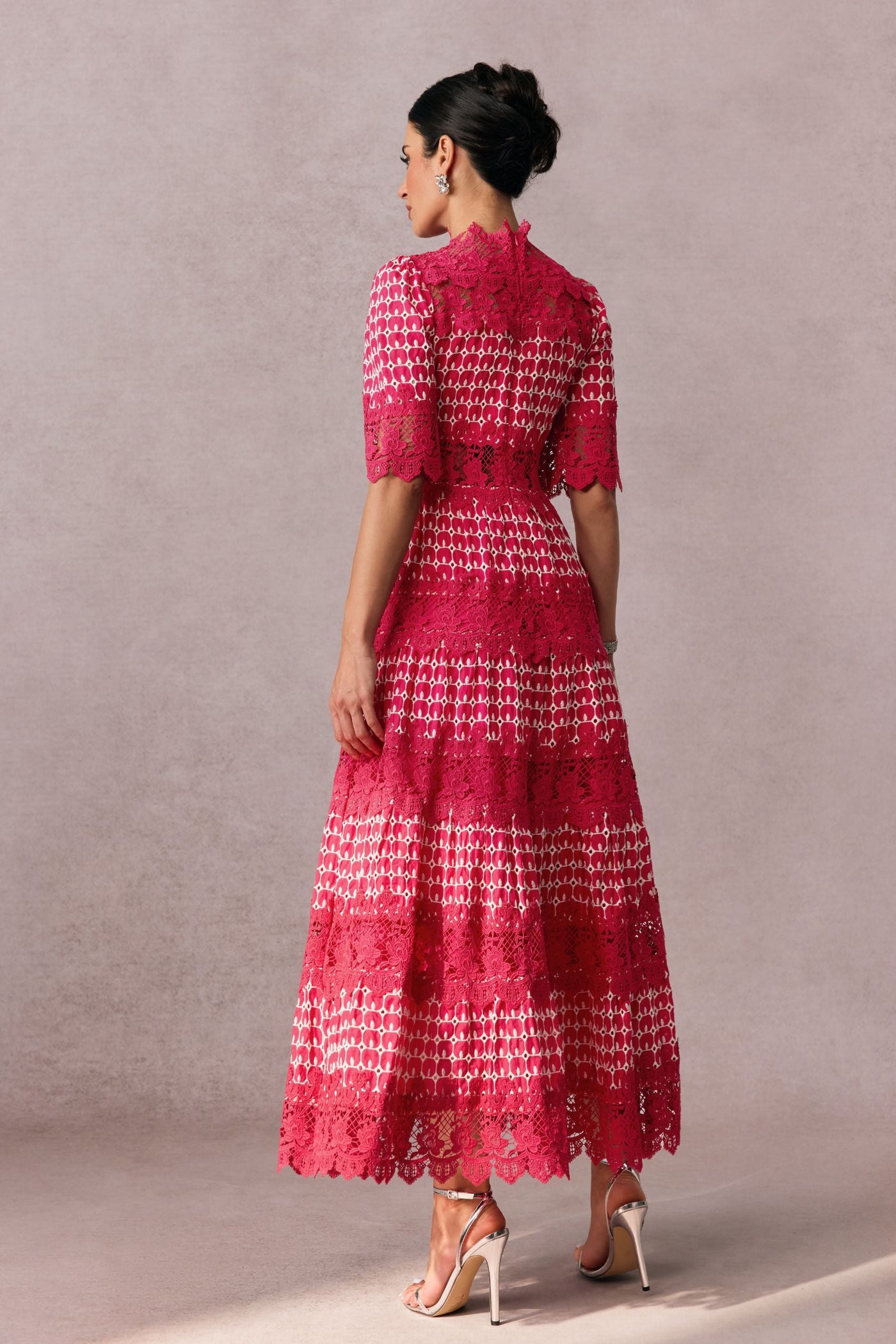 Sophisticated Red Embroidered Lace Midi Dress with High Collar Half Sleeves