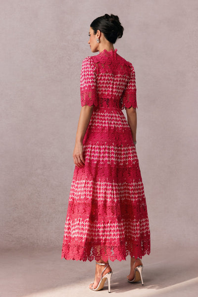 Sophisticated Red Embroidered Lace Midi Dress with High Collar Half Sleeves
