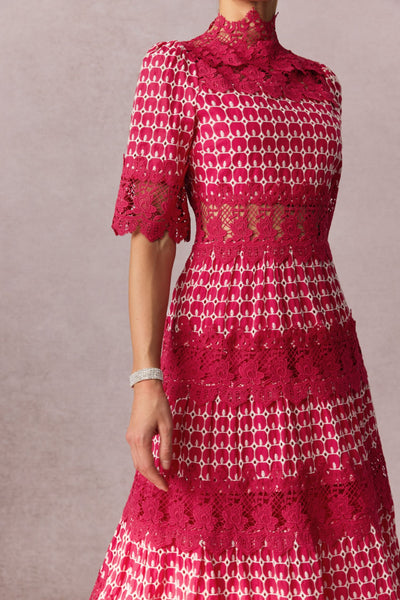 Sophisticated Red Embroidered Lace Midi Dress with High Collar Half Sleeves
