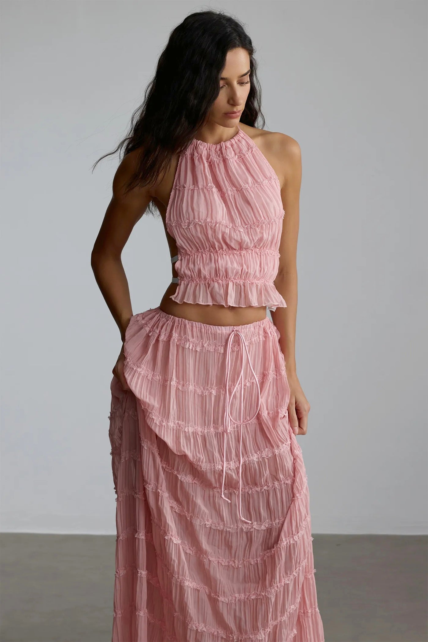 Rosalie Backless Pleated Chiffon Two-Piece Set: Ruched Backless Top & Maxi Skirt