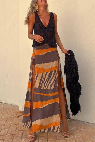 Bendita Colorblock Elastic Waist Lace-Up Maxi Skirt Vibrant Orange