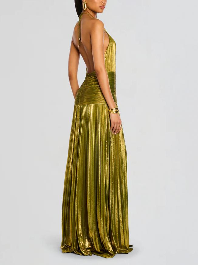 Sparkling Emerald Green Peridot Maxi Dress with Elegant Metallic Sheen