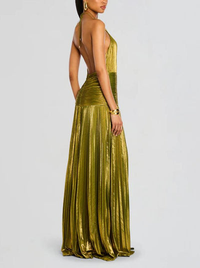 Sparkling Emerald Green Peridot Maxi Dress with Elegant Metallic Sheen