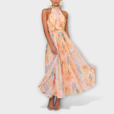Elegant Halter Neck Aquarell Print Maxi Dress: Flowing, Stylish, Comfortable
