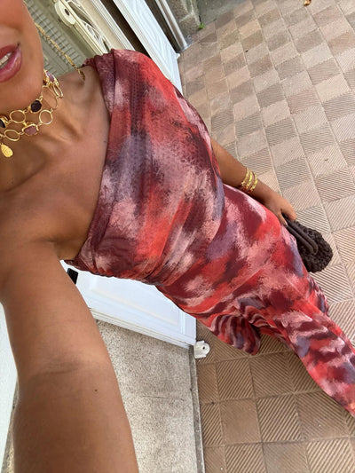Red One-Shoulder Tie Dye Maxi Dress – Flowing Summer Elegance