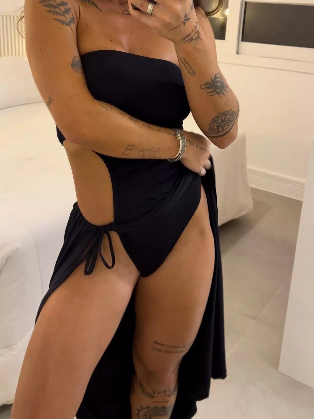 Effortless Bandeau Side Slit Tie Bodysuit Dress: Versatile Style