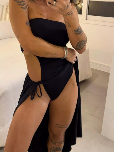 Effortless Bandeau Side Slit Tie Bodysuit Dress: Versatile Style