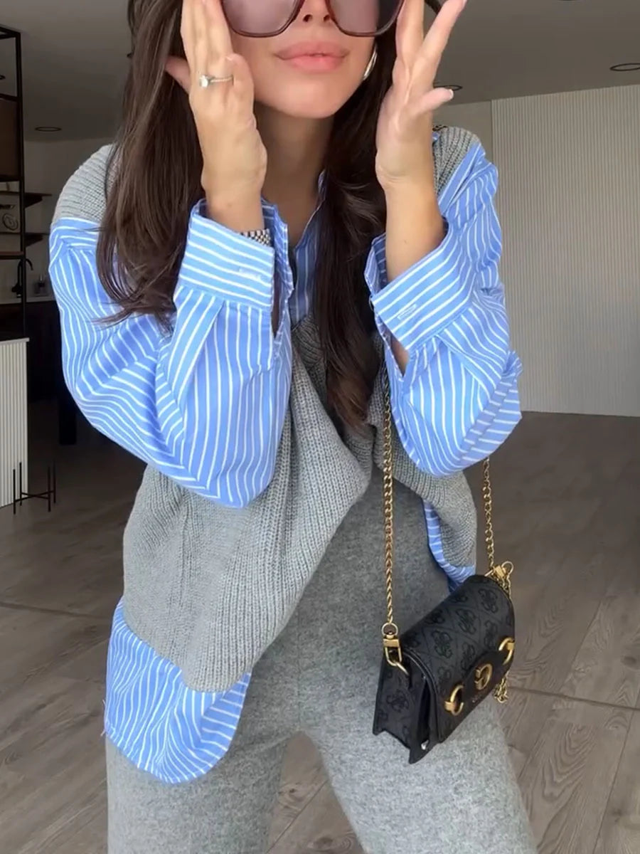Chic Striped Knitted Fake Two-Piece Top & Pants Set for Women