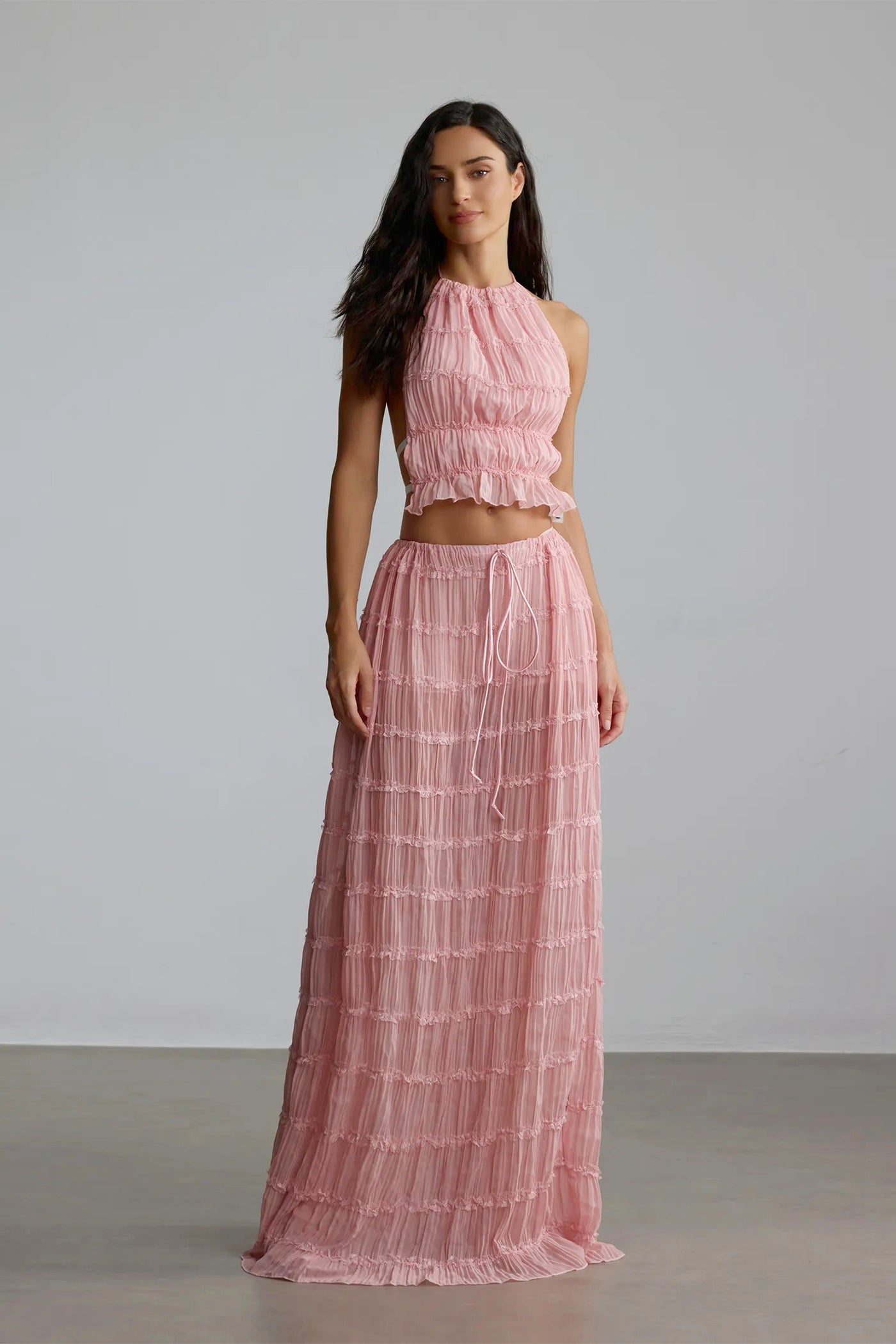 Rosalie Backless Pleated Chiffon Two-Piece Set: Ruched Backless Top & Maxi Skirt