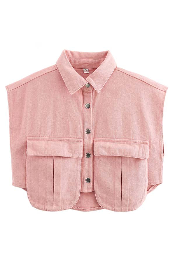 Stylish Weekend Denim Button-Up Cape Sleeve Pocket Crop Top with Frayed Hem