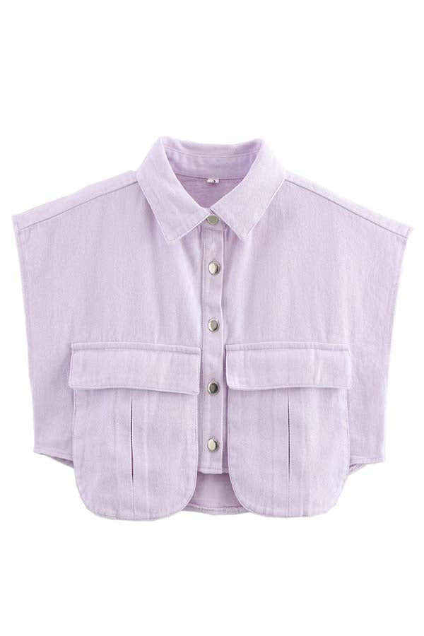 Stylish Weekend Denim Button-Up Cape Sleeve Pocket Crop Top with Frayed Hem
