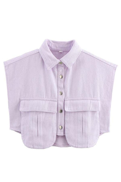 Stylish Weekend Denim Button-Up Cape Sleeve Pocket Crop Top with Frayed Hem