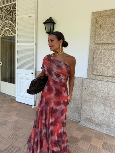 Red One-Shoulder Tie Dye Maxi Dress – Flowing Summer Elegance