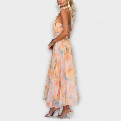 Elegant Halter Neck Aquarell Print Maxi Dress: Flowing, Stylish, Comfortable