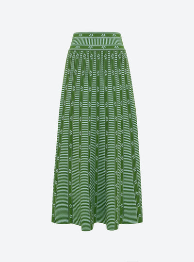 Elegant Green Floral Jacquard Skirt for Women - Stylish A-Line Midi