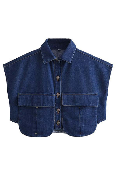 Stylish Weekend Denim Button-Up Cape Sleeve Pocket Crop Top with Frayed Hem