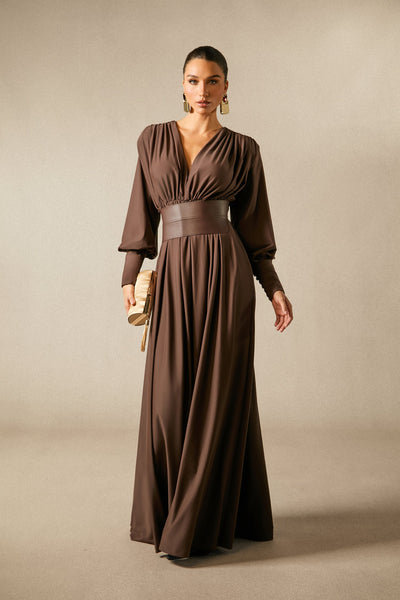 Renata Brown Plunge V-Neck Long Sleeve Maxi Dress with Belt