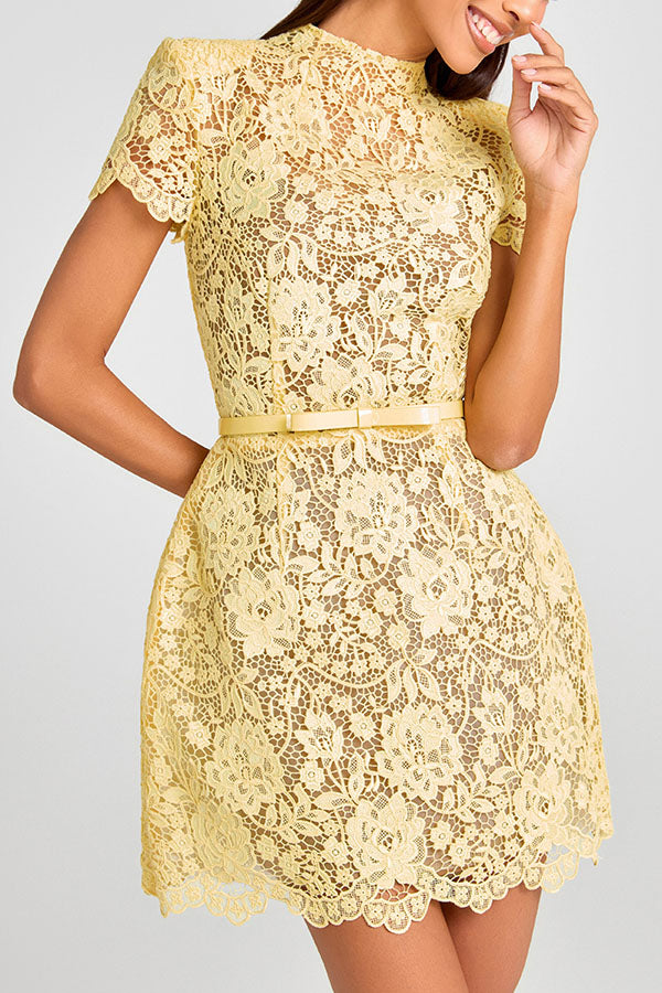 Champagne Toast Yellow Lace Mini Dress with Bow Belt