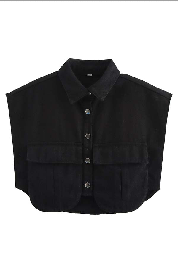 Stylish Weekend Denim Button-Up Cape Sleeve Pocket Crop Top with Frayed Hem