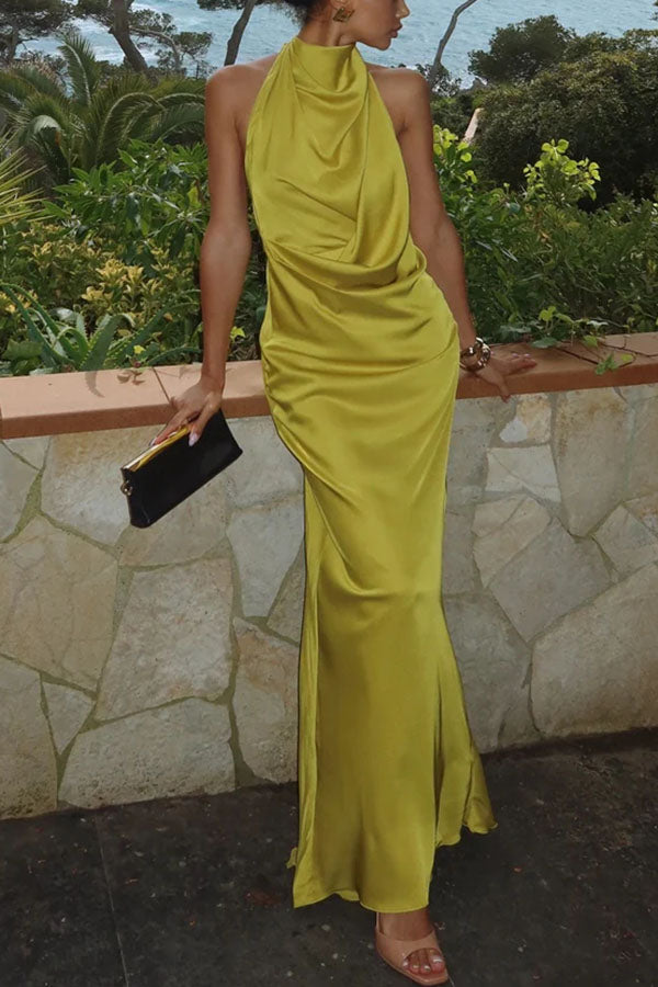 Elegant Refined Satin Halter Draped Neck Backless Maxi Dress