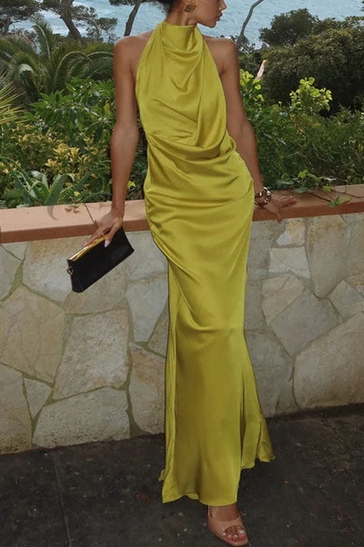 Elegant Refined Satin Halter Draped Neck Backless Maxi Dress