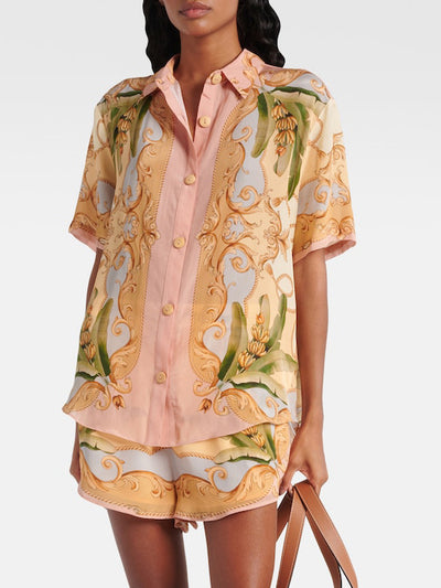 Retro Botanical Kaleidoscope Print Two-Piece Set: Elegant Collared Button-Down Top & Flowing High-Waisted Skirt
