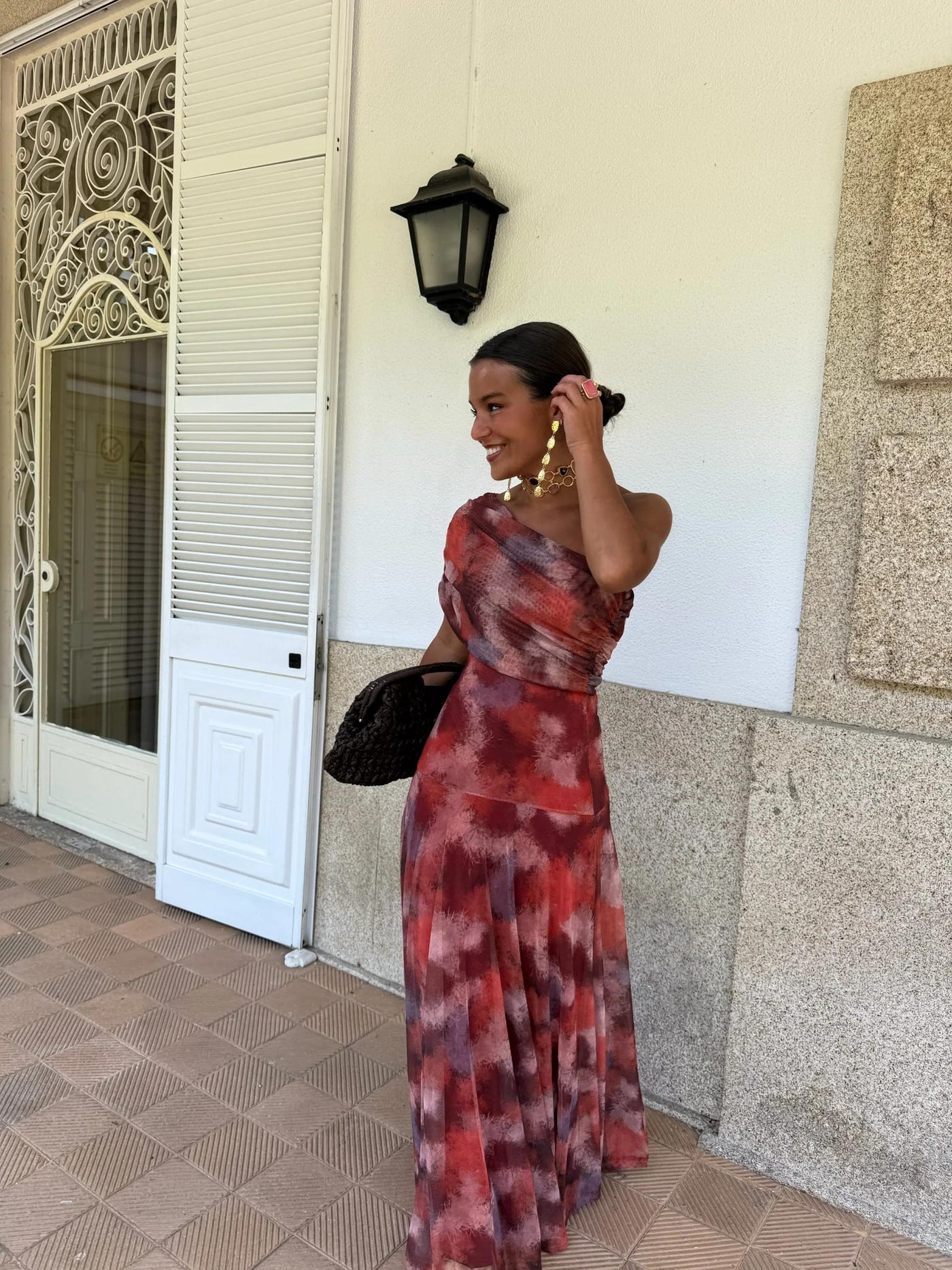 Red One-Shoulder Tie Dye Maxi Dress – Flowing Summer Elegance