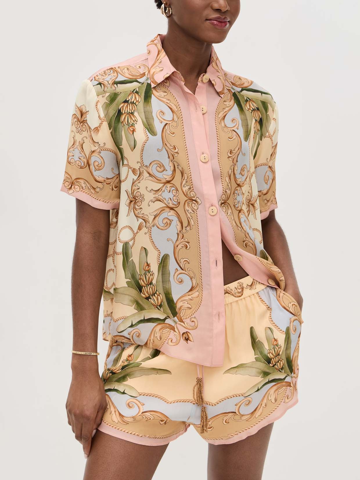 Retro Botanical Kaleidoscope Print Two-Piece Set: Elegant Collared Button-Down Top & Flowing High-Waisted Skirt