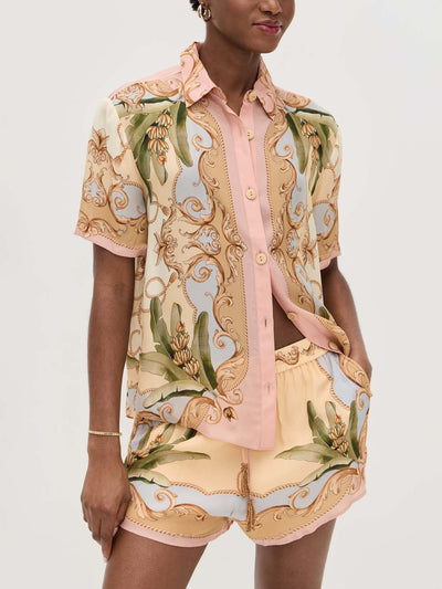 Retro Botanical Kaleidoscope Print Two-Piece Set: Elegant Collared Button-Down Top & Flowing High-Waisted Skirt