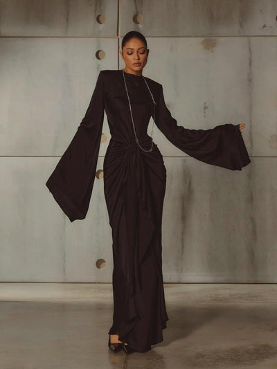 Elegant Gothic High Neck Maxi Dress with Dramatic Sleeves