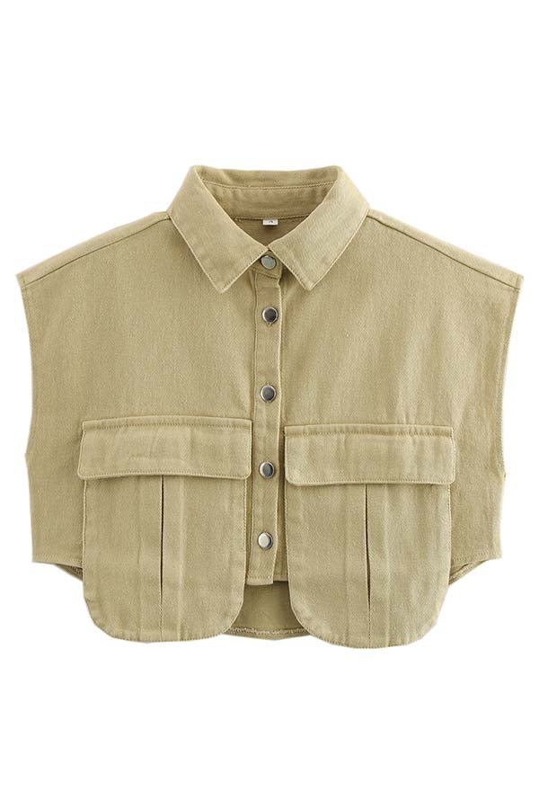 Stylish Weekend Denim Button-Up Cape Sleeve Pocket Crop Top with Frayed Hem