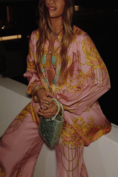 Mermaid Motel Unique Print Long Sleeve Loose Shirt & Elastic Waist Pants Set