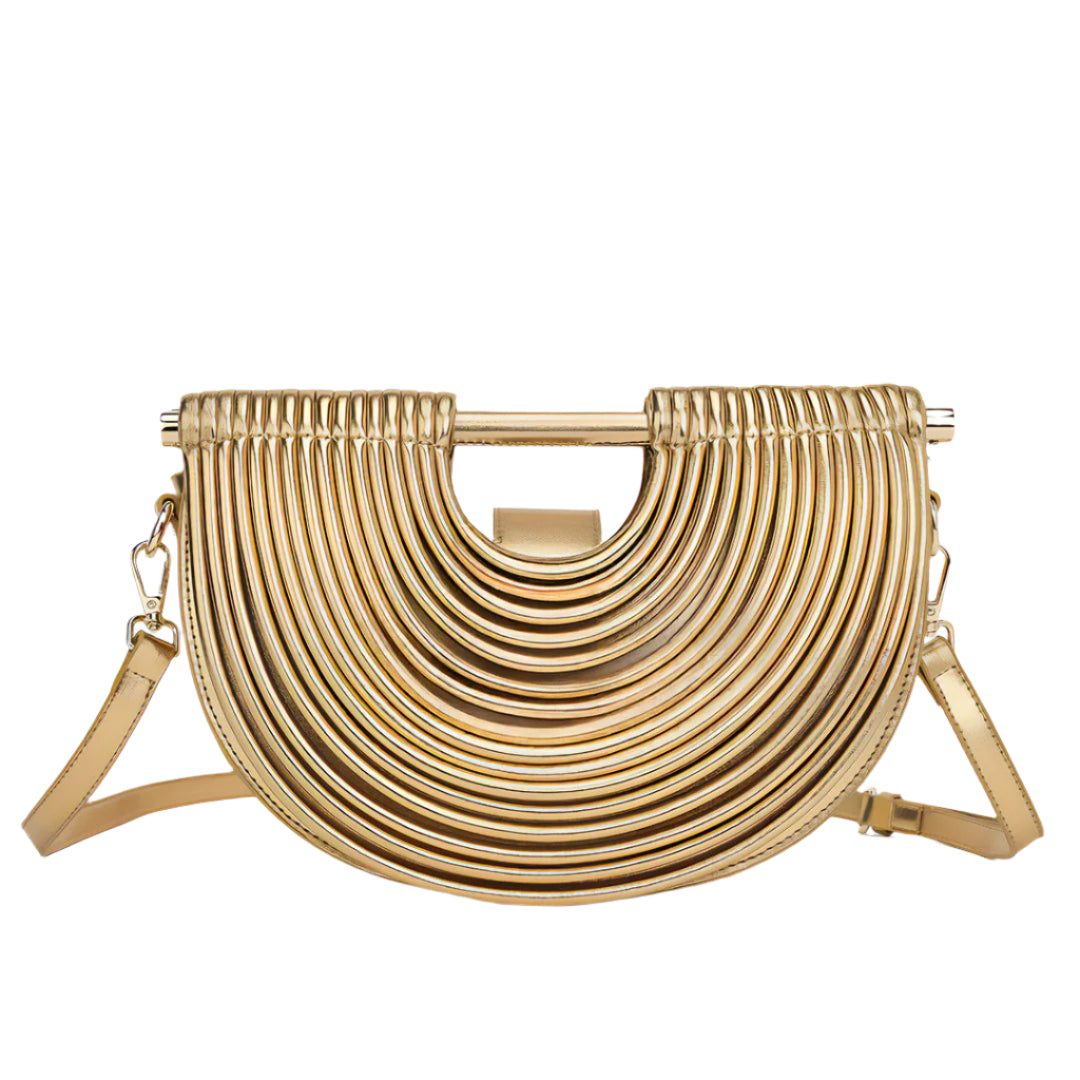 Luxurious Semi-Circular Metallic Handbag: Chic Shoulder Bag with Removable Strap