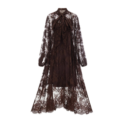 Elegant Sylvie Brown Chantilly Lace Flared Midi Dress