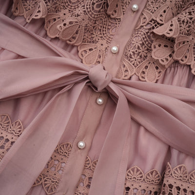 Verza Pink Puff Sleeve Lace Midi Dress with Belt