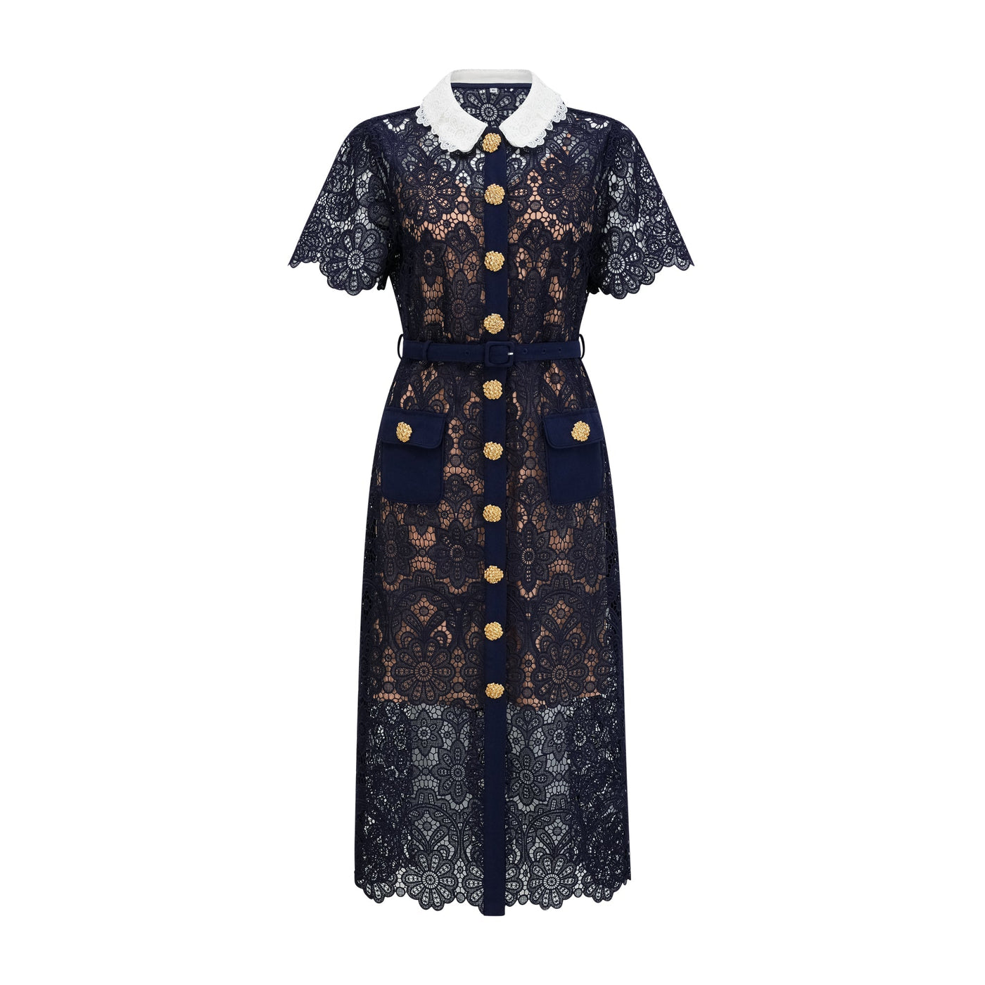 Elegant Dark Blue Floral Crochet Lace Midi Dress