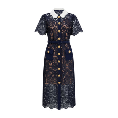 Elegant Dark Blue Floral Crochet Lace Midi Dress