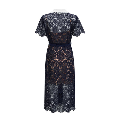Elegant Dark Blue Floral Crochet Lace Midi Dress