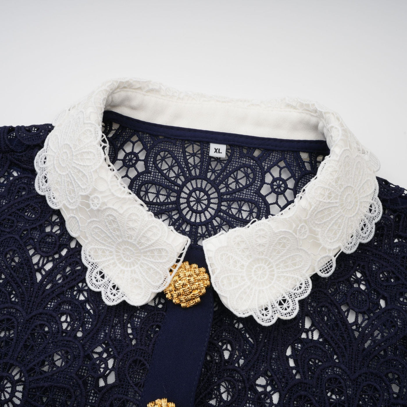 Elegant Dark Blue Floral Crochet Lace Midi Dress