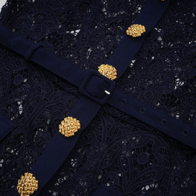 Elegant Dark Blue Floral Crochet Lace Midi Dress