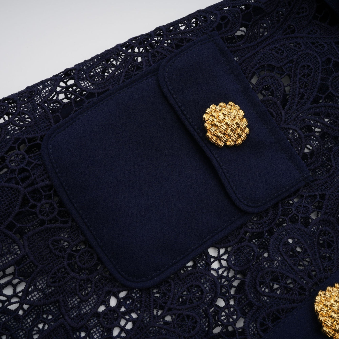 Elegant Dark Blue Floral Crochet Lace Midi Dress