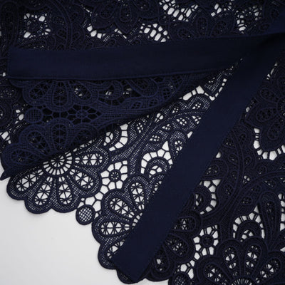 Elegant Dark Blue Floral Crochet Lace Midi Dress