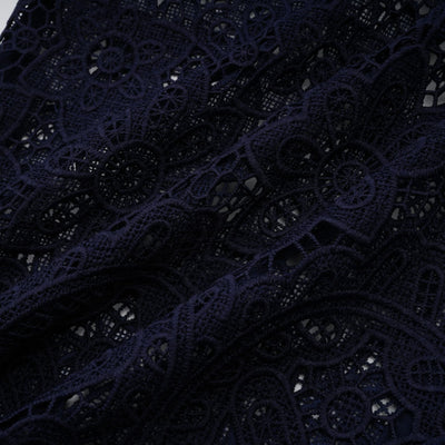 Elegant Dark Blue Floral Crochet Lace Midi Dress