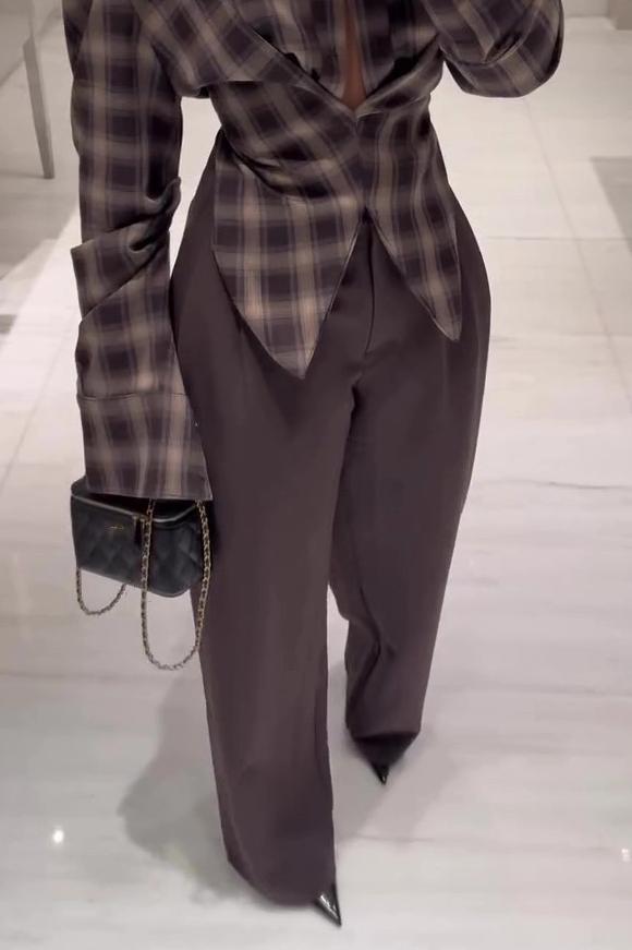 Kafra Brown Plaid Oversized Slouchy Blouse with Drape