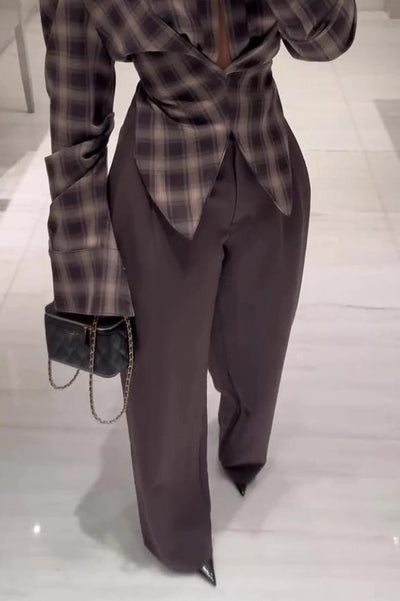 Kafra Brown Plaid Oversized Slouchy Blouse with Drape